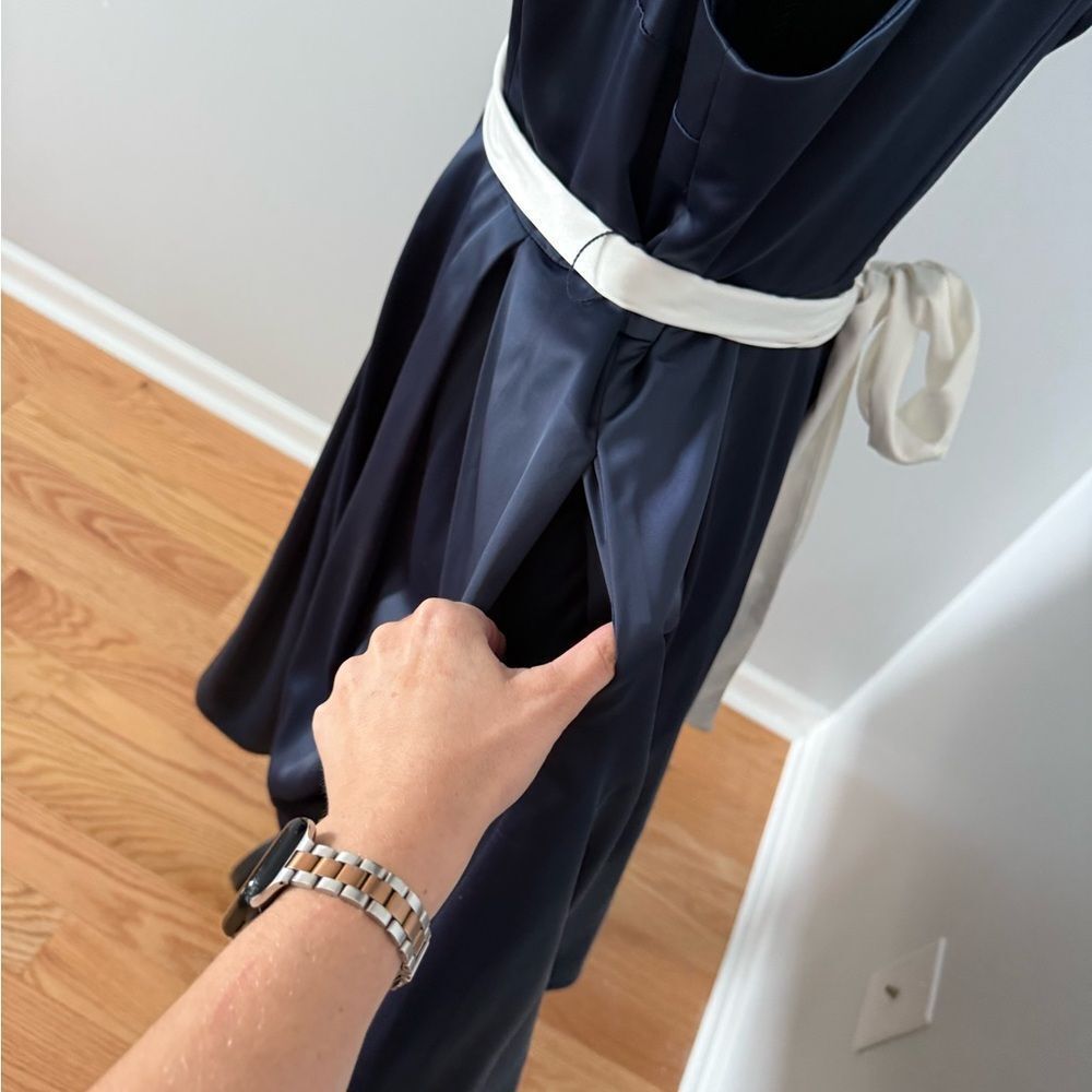 Collectif Navy Satin Formal Dress with White Belt - Picture 7 of 12